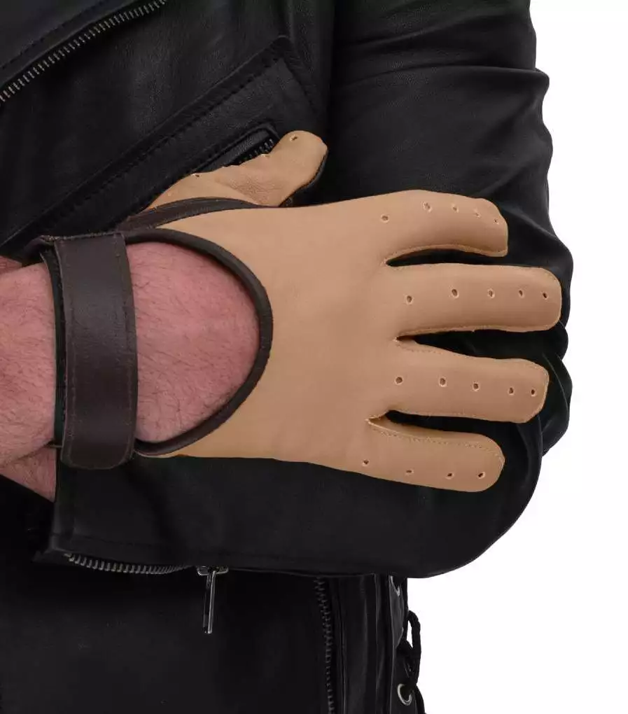 Mens Beige and Brown Two-Tone Leather Gloves