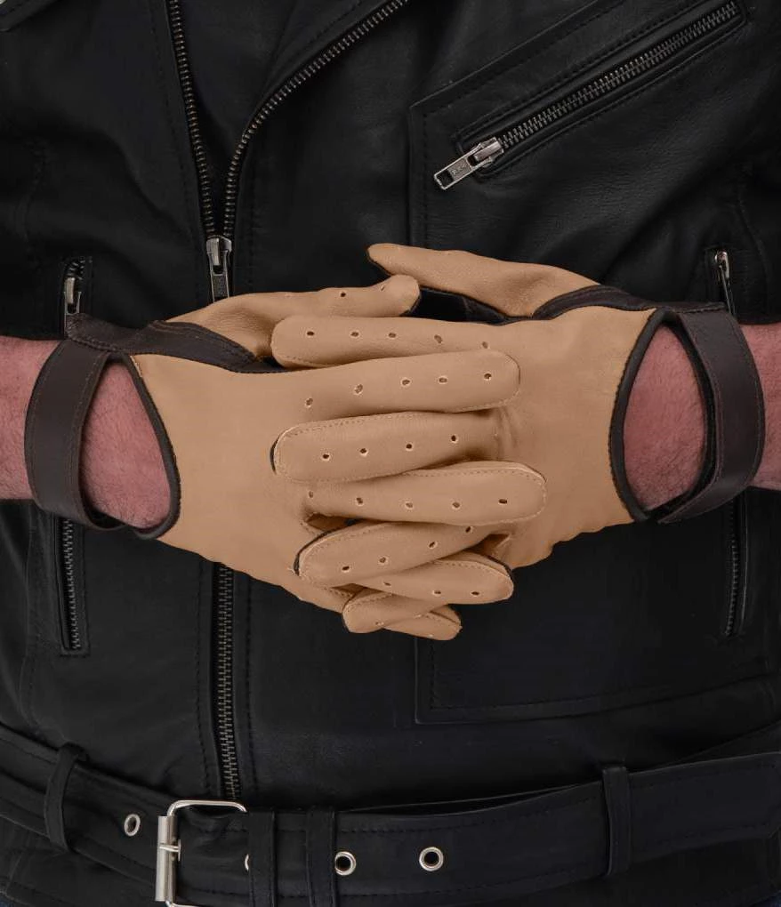 Mens Beige and Brown Two-Tone Leather Gloves