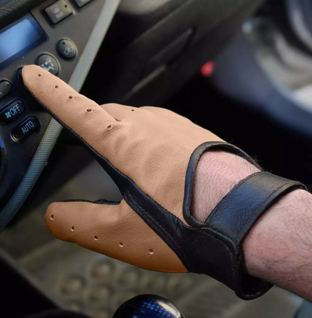 Mens Beige and Brown Two-Tone Leather Gloves