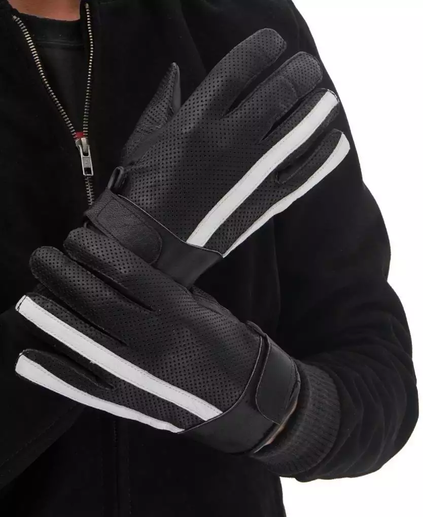 Mens Black Leather Gloves With White Stripe 