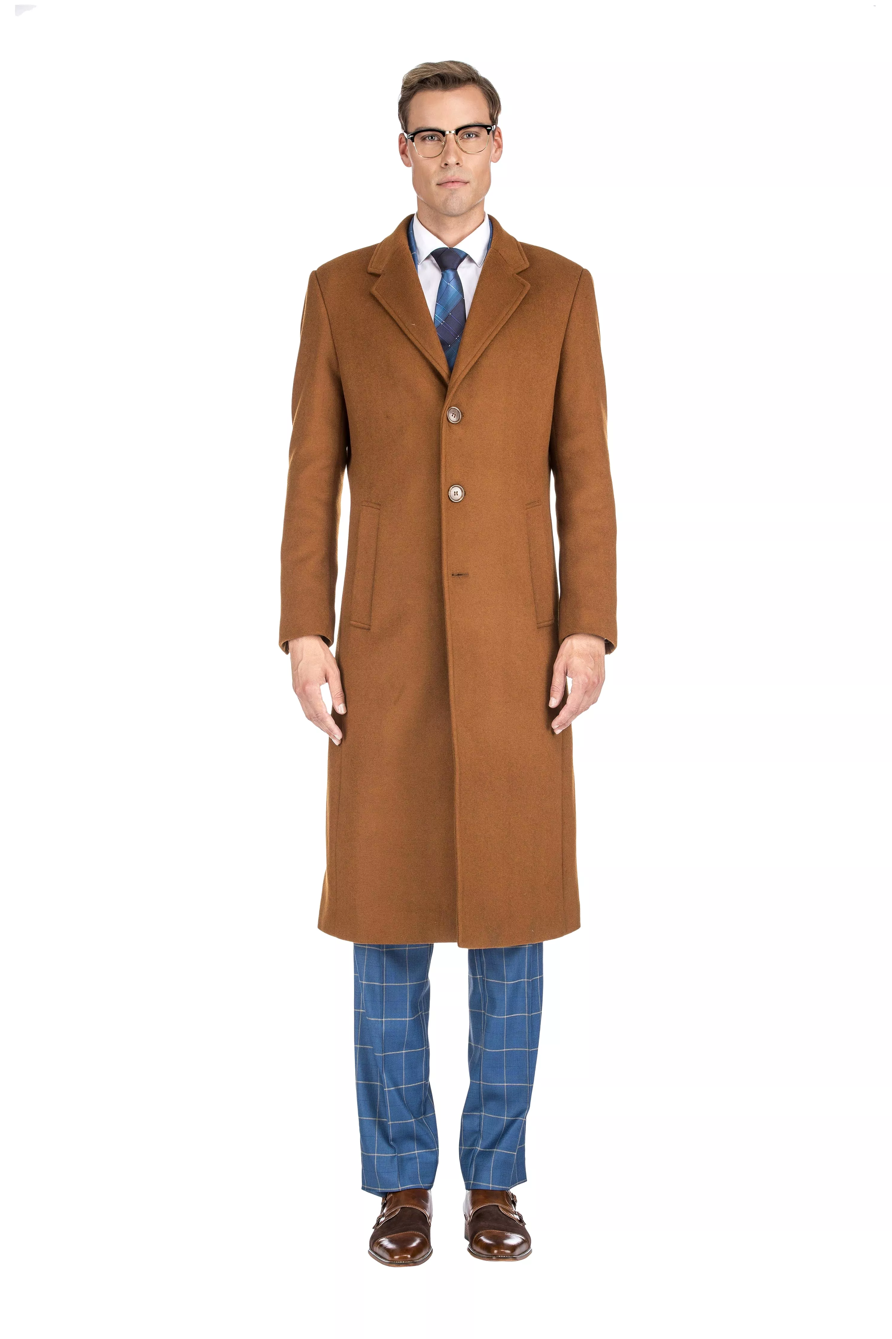 Men's Knee Length Wool Blend Three Button Long Jacket Overcoat Top Coat