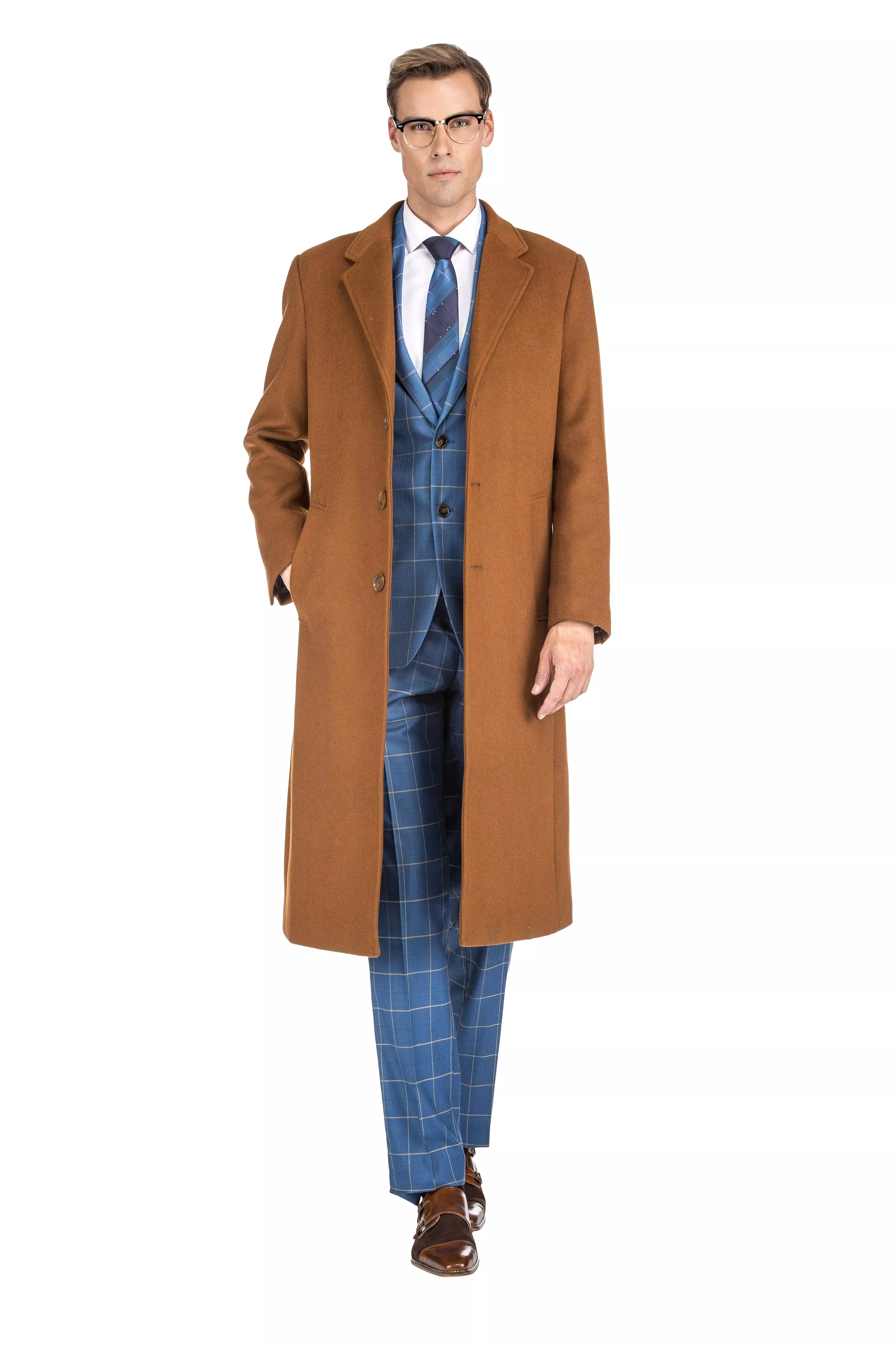 Men's Knee Length Wool Blend Three Button Long Jacket Overcoat Top Coat