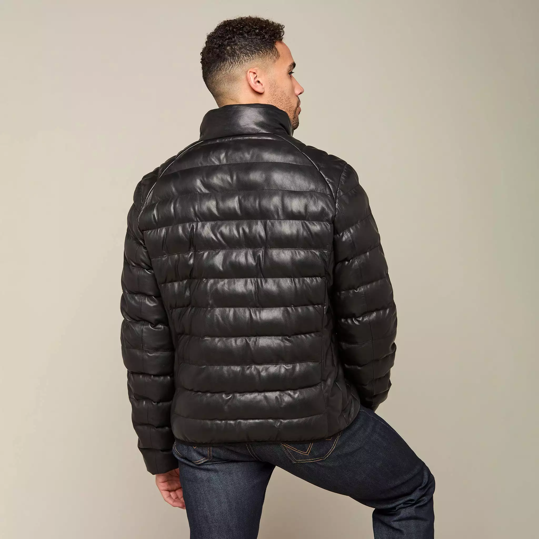 Men's Leather Puffer Jacket :: Black