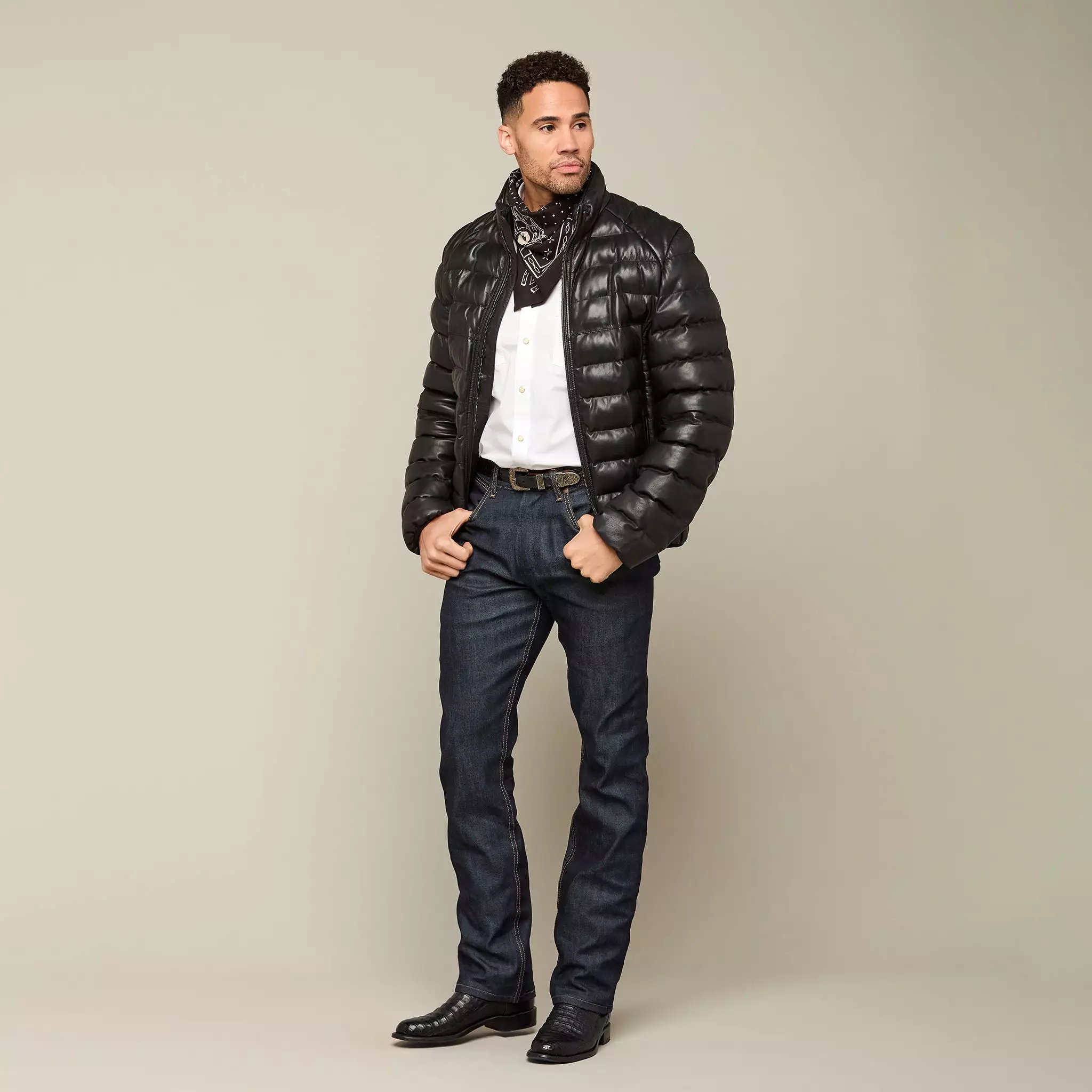 Men's Leather Puffer Jacket :: Black