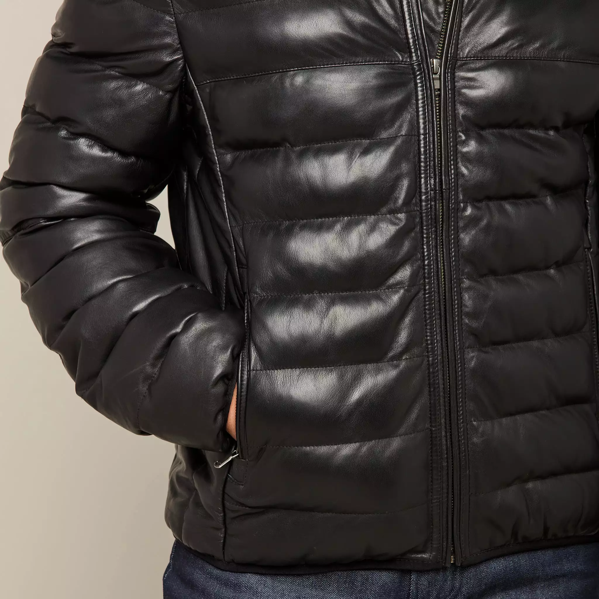 Men's Leather Puffer Jacket :: Black