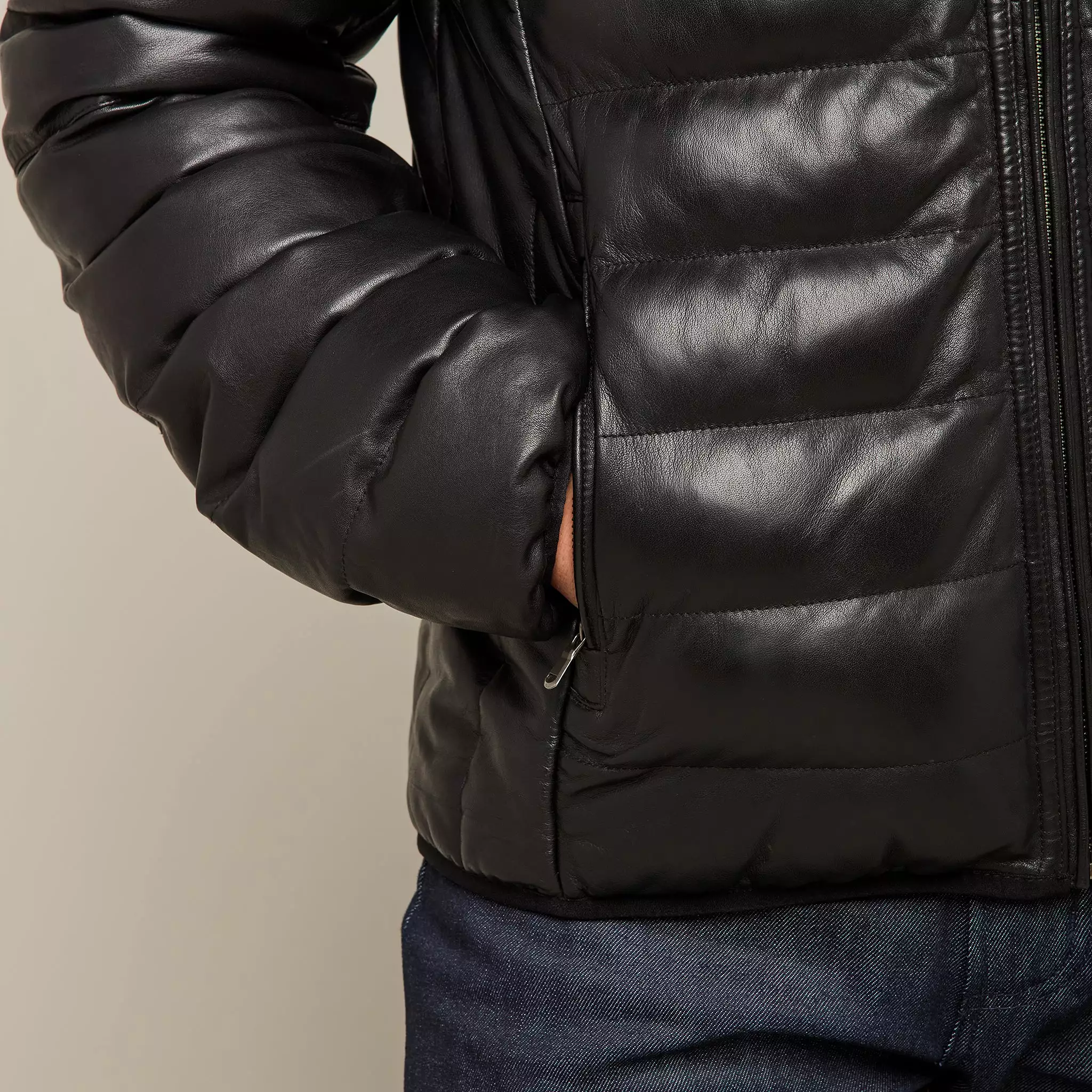 Men's Leather Puffer Jacket :: Black