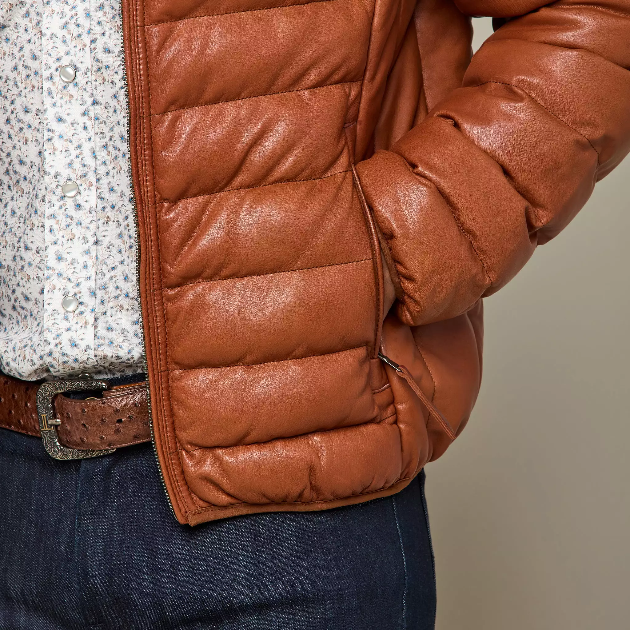 Men's Leather Puffer Jacket :: Cognac