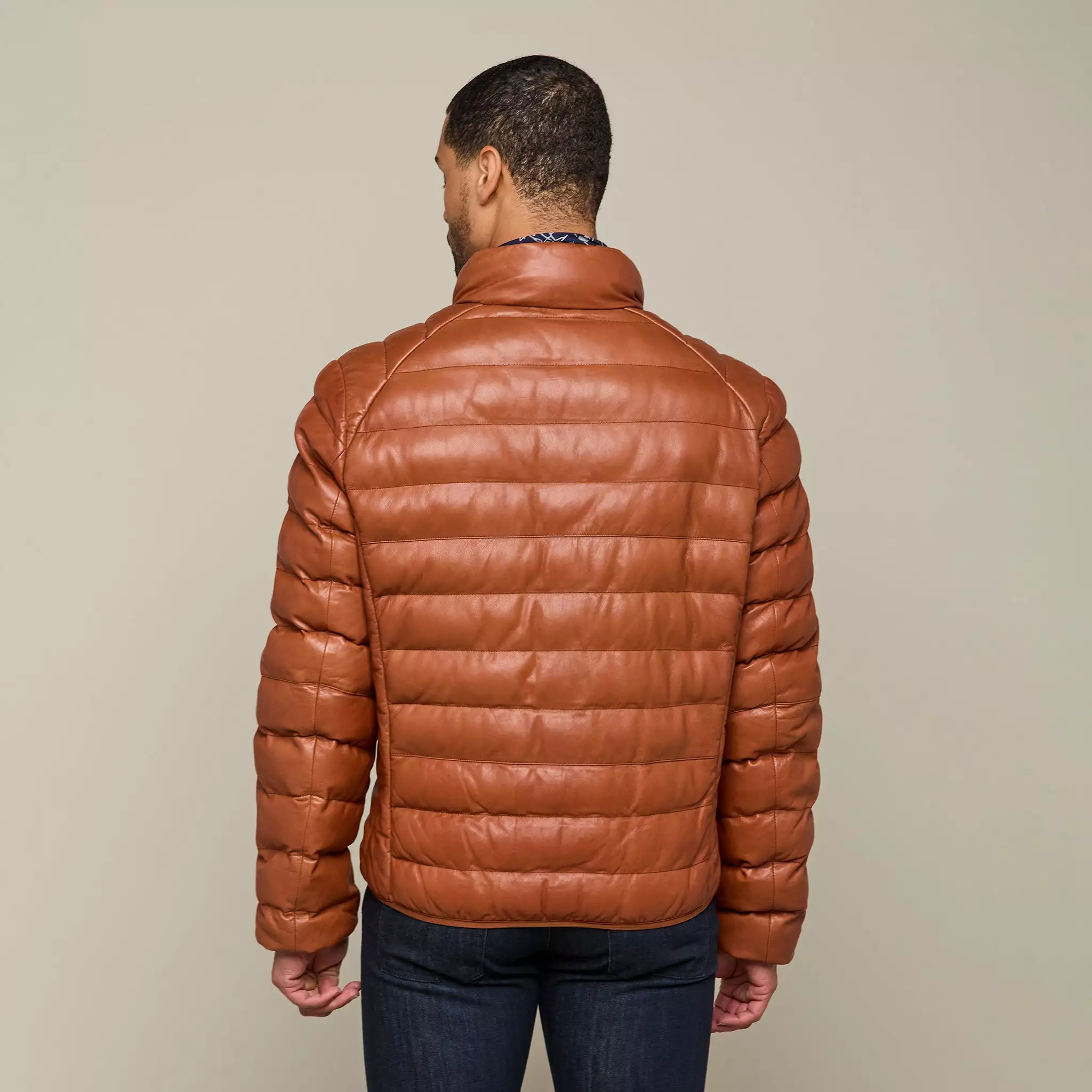 Men's Leather Puffer Jacket :: Cognac