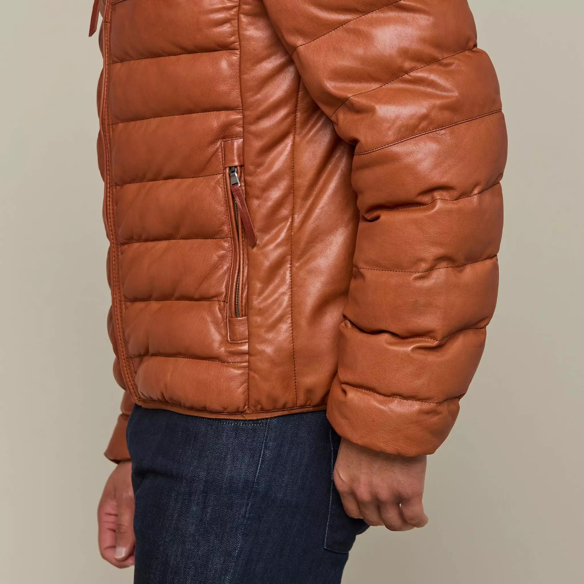 Men's Leather Puffer Jacket :: Cognac