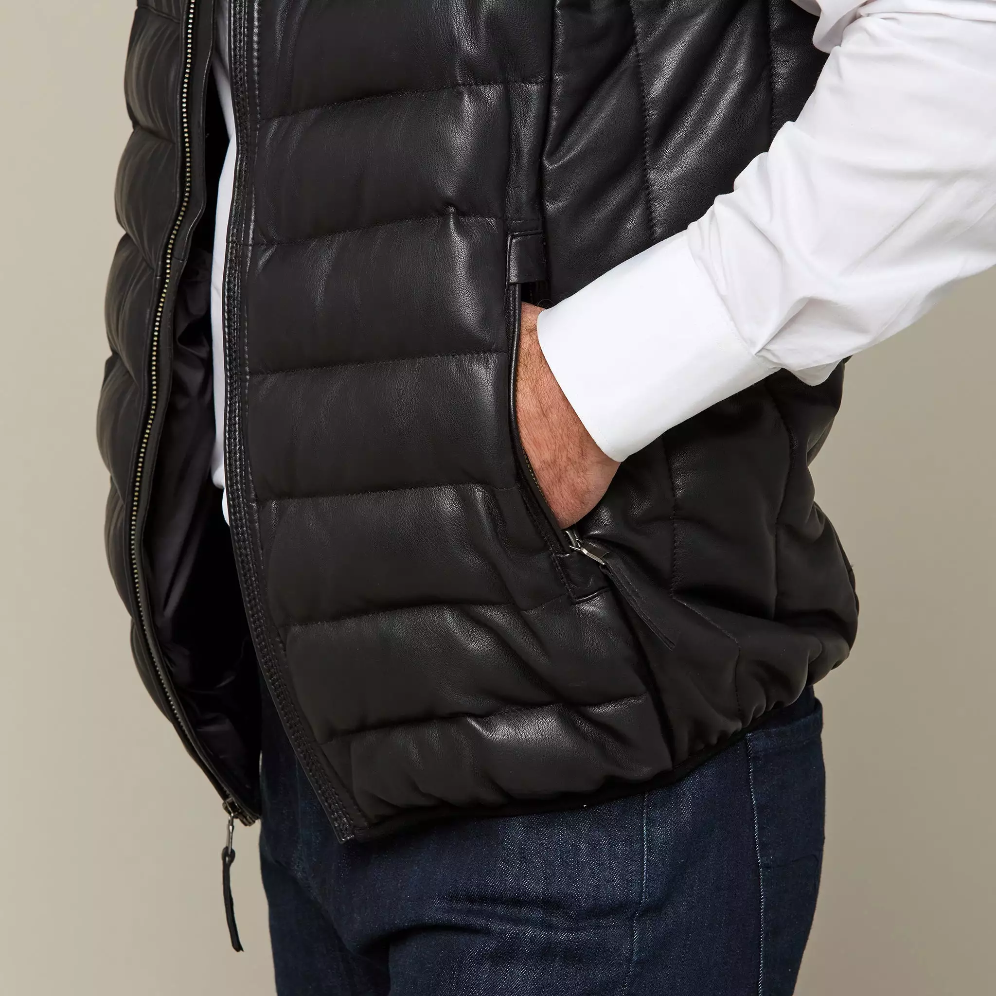 Men's Leather Puffer Vest :: Black