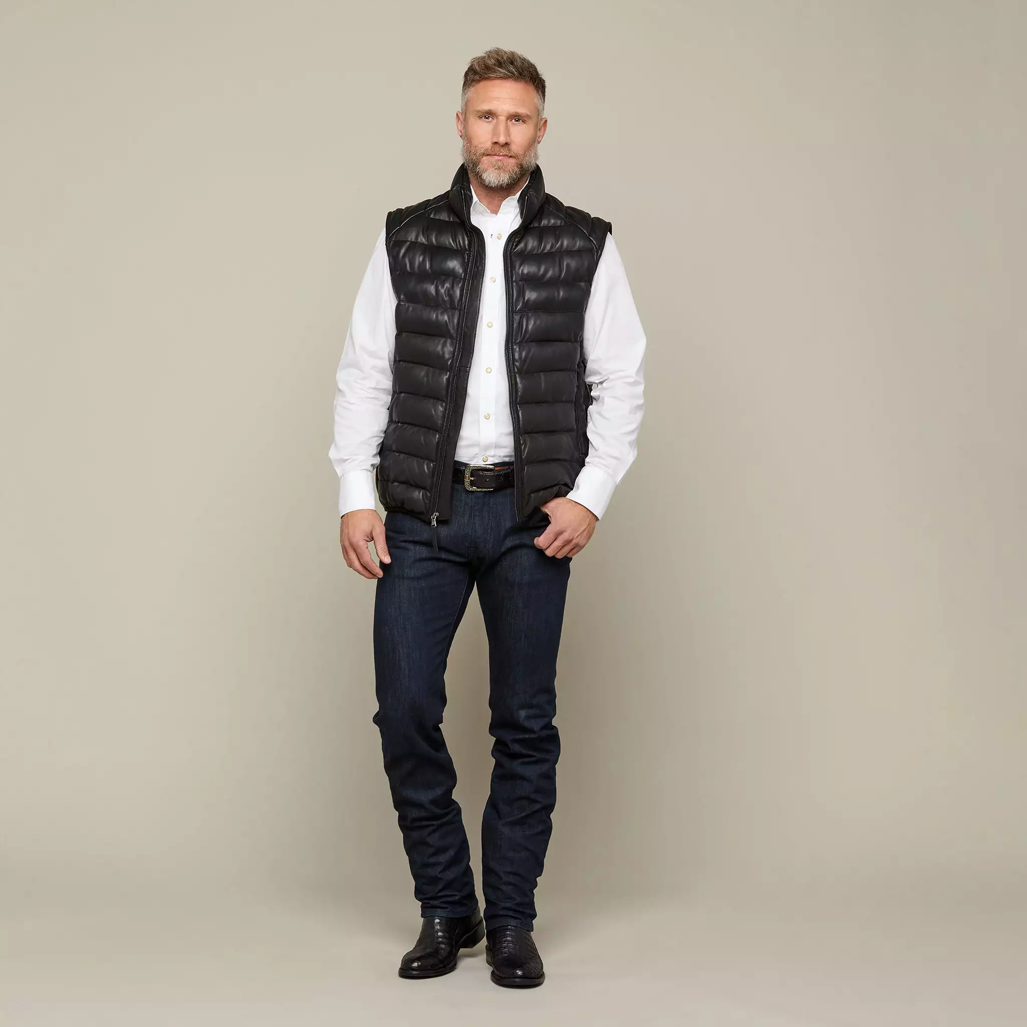 Men's Leather Puffer Vest :: Black