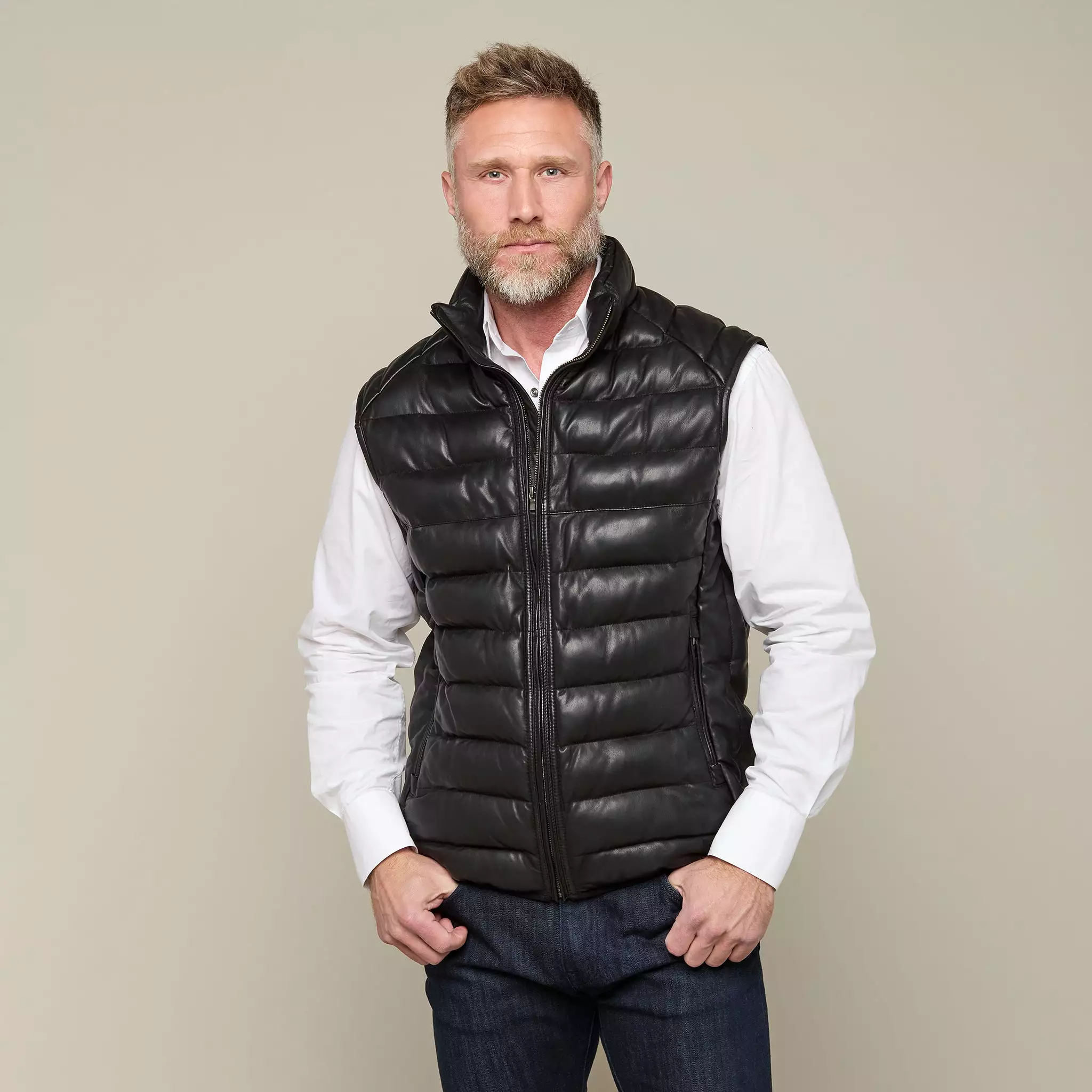 Men's Leather Puffer Vest :: Black