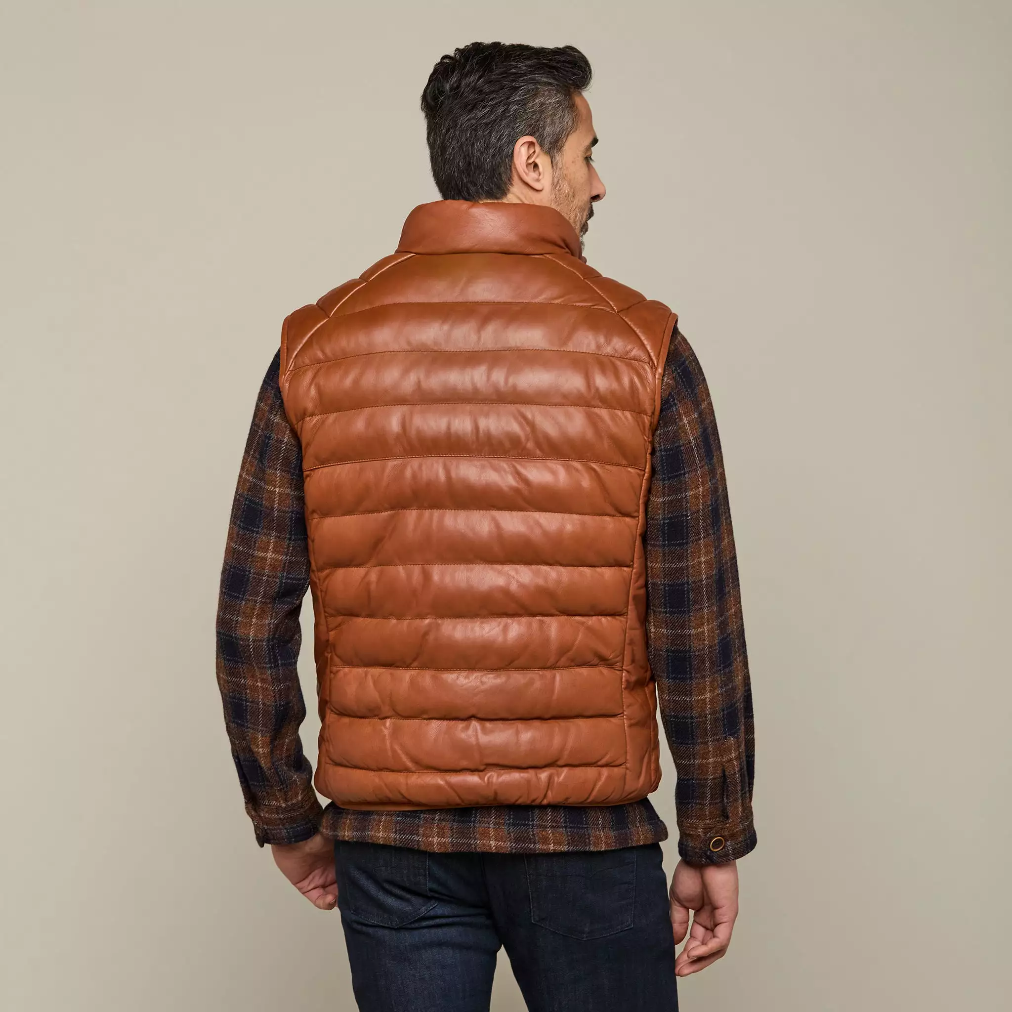 Men's Leather Puffer Vest :: Cognac