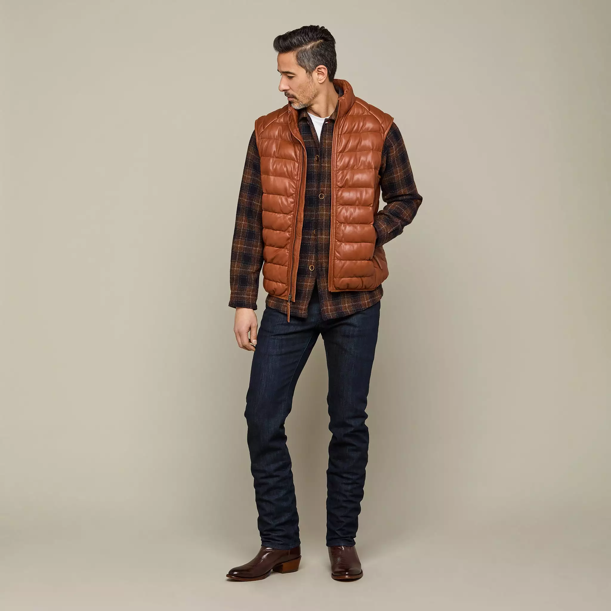 Men's Leather Puffer Vest :: Cognac