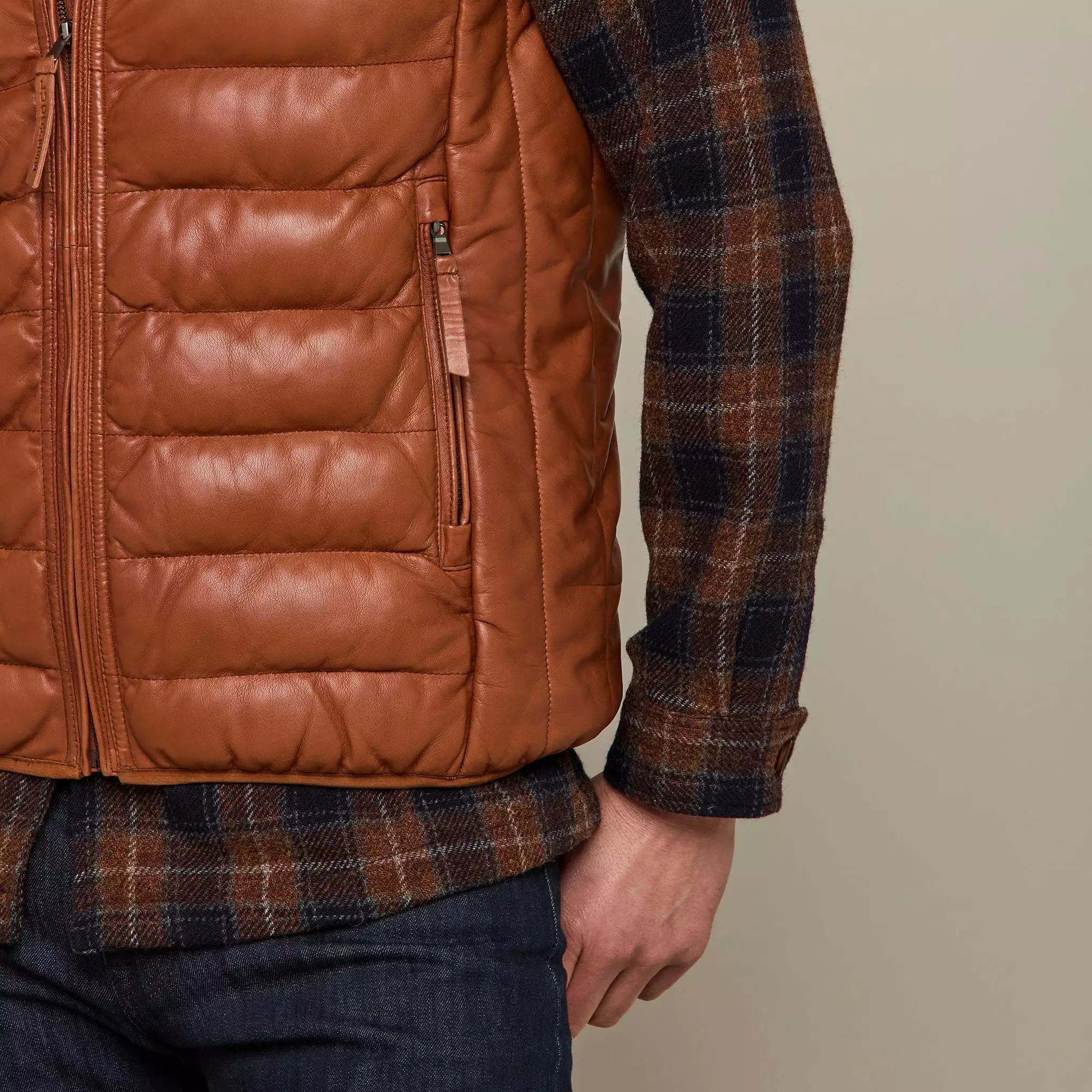 Men's Leather Puffer Vest :: Cognac