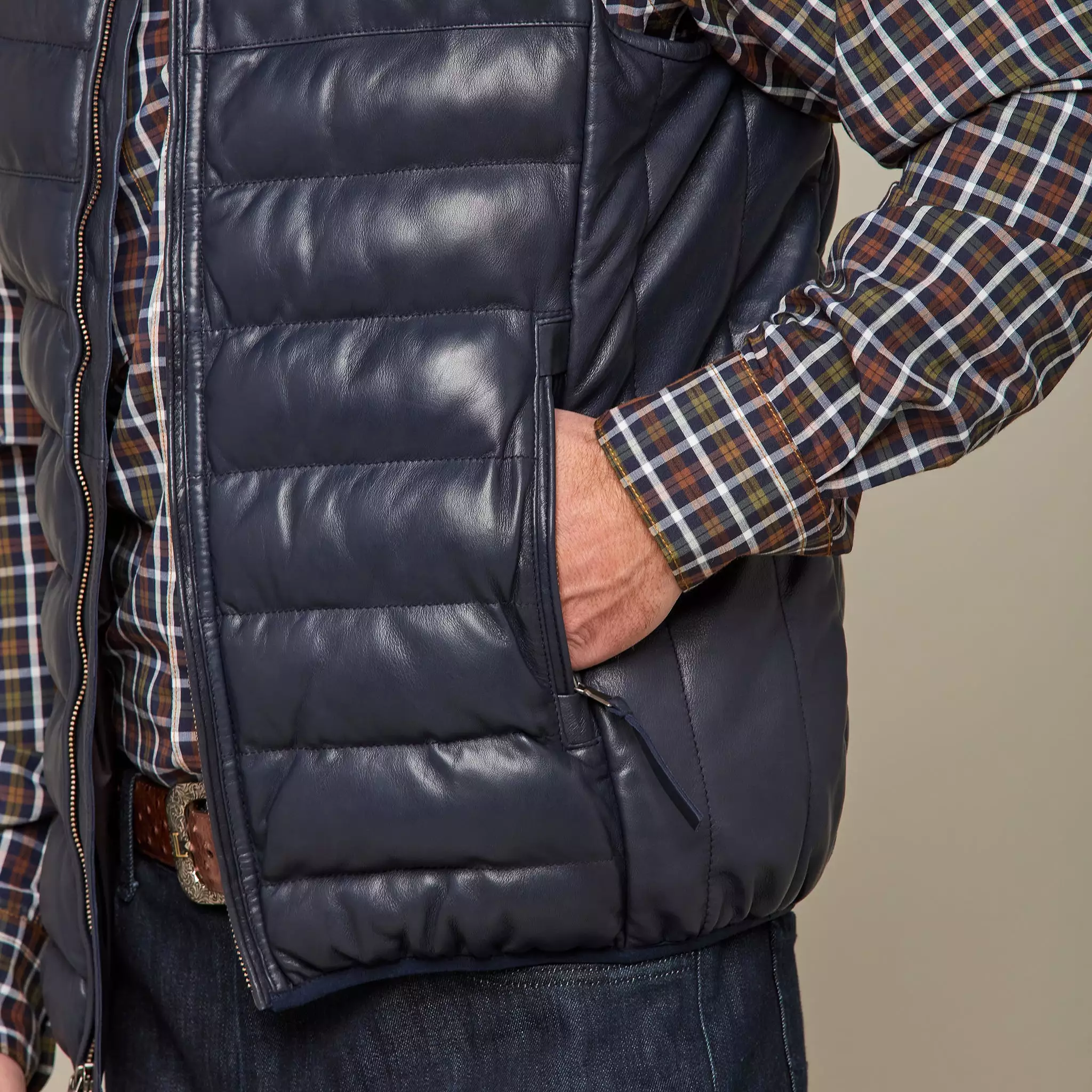 Men's Leather Puffer Vest :: Navy