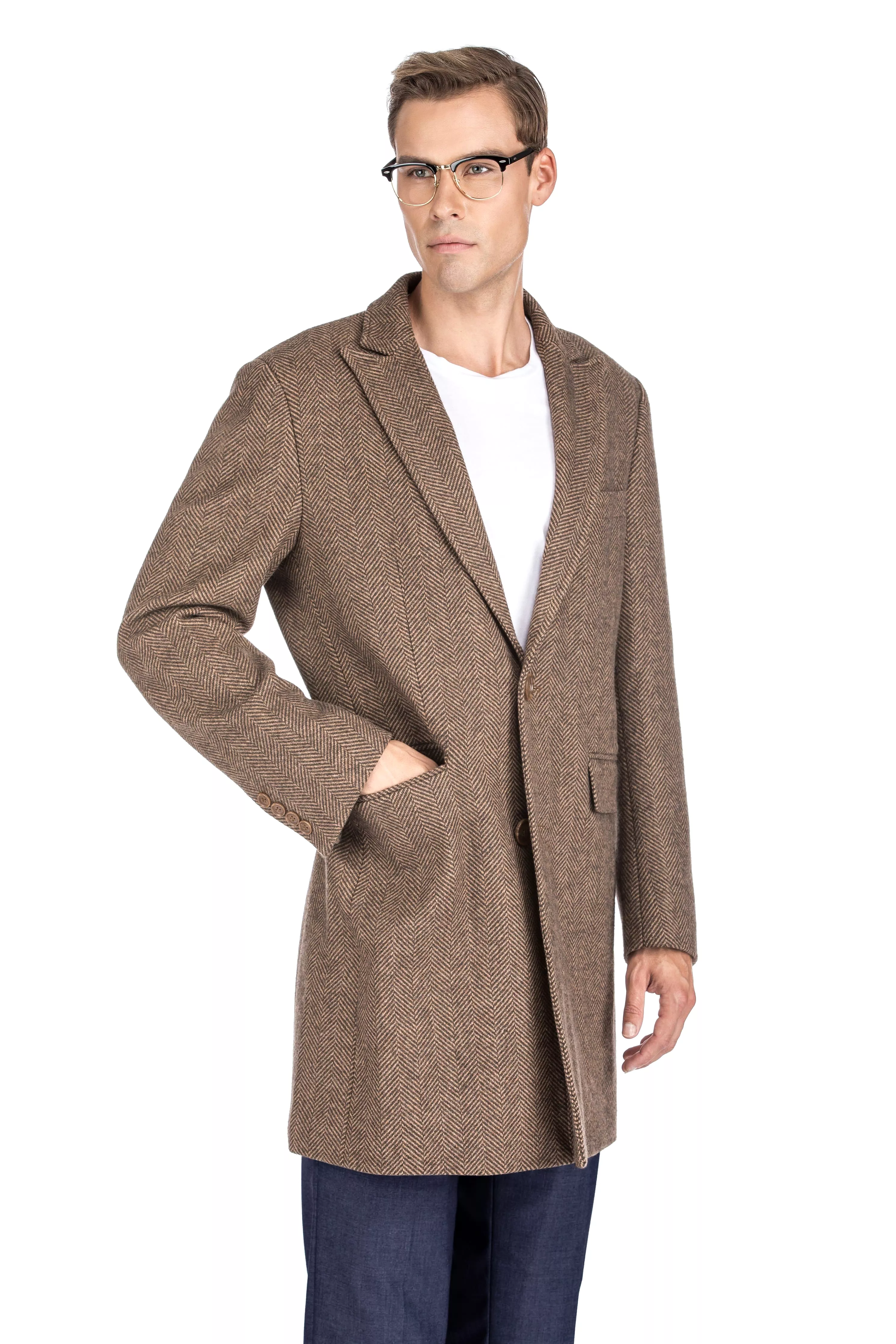 Men's Wool Blend Herringbone Top Coat Overcoat Topcoat Jacket