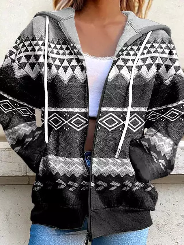 Oversized Tribal Print Women's Zip-Up Hoodie Sweatshirt with Front Pocket