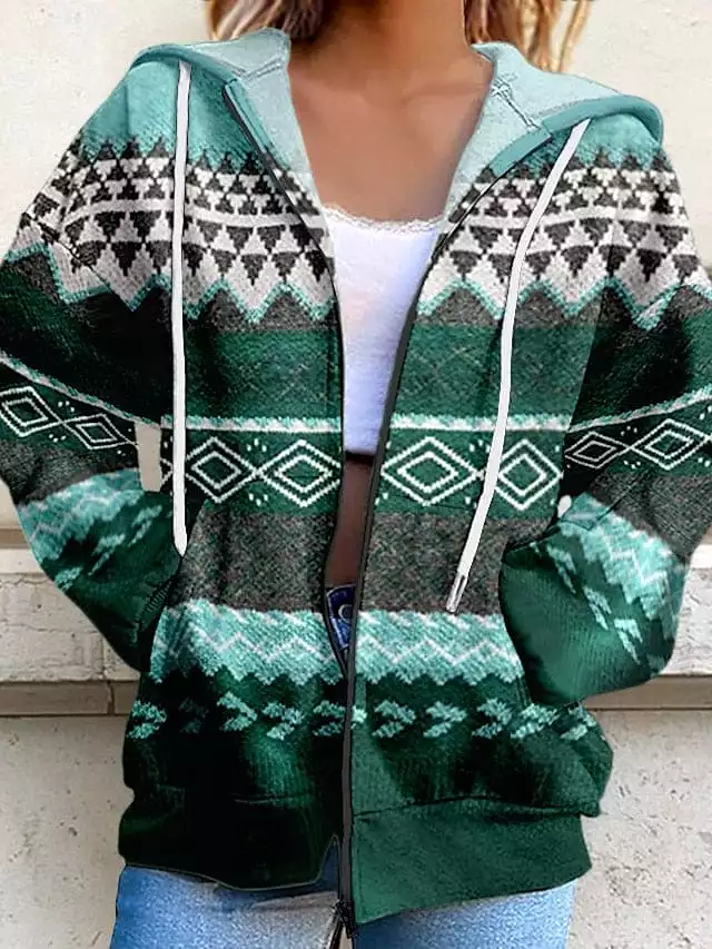 Oversized Tribal Print Women's Zip-Up Hoodie Sweatshirt with Front Pocket