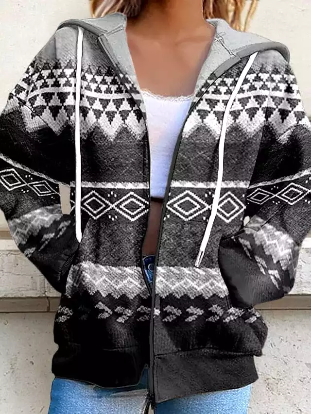 Oversized Tribal Print Women's Zip-Up Hoodie Sweatshirt with Front Pocket