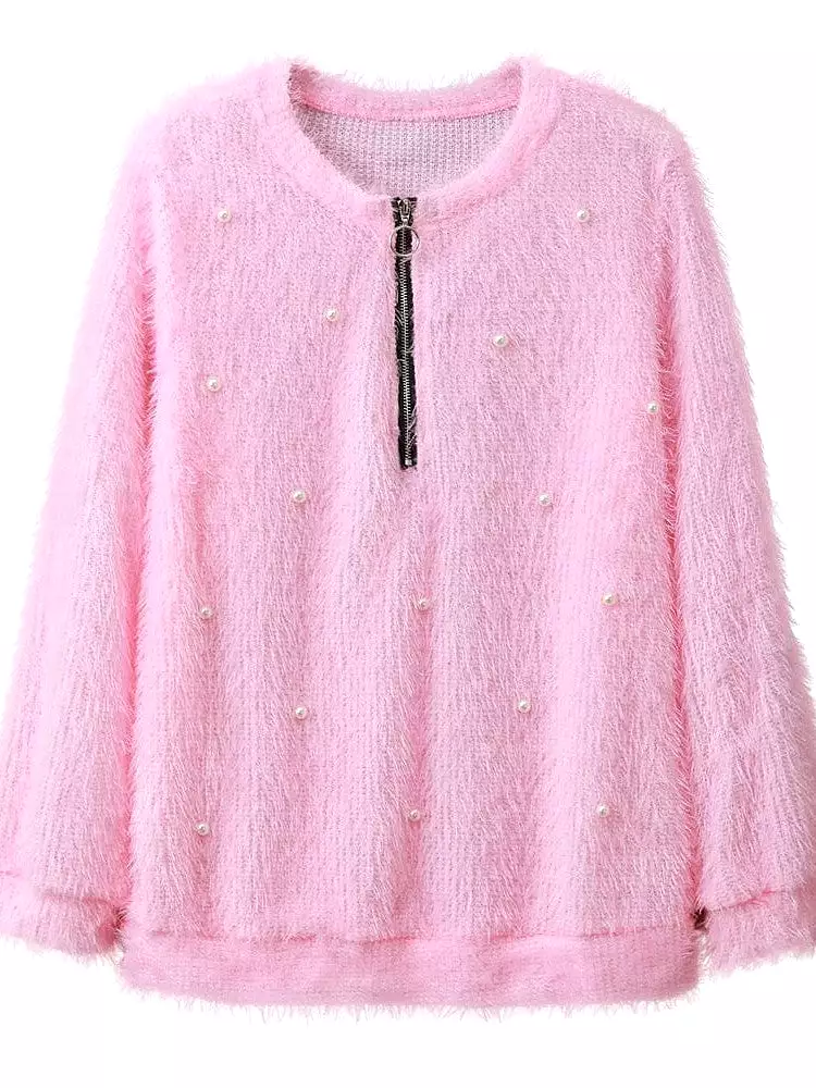 Pink Teddy Textured Quarter Zip Fleece Sweatshirt for Women