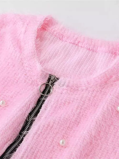 Pink Teddy Textured Quarter Zip Fleece Sweatshirt for Women