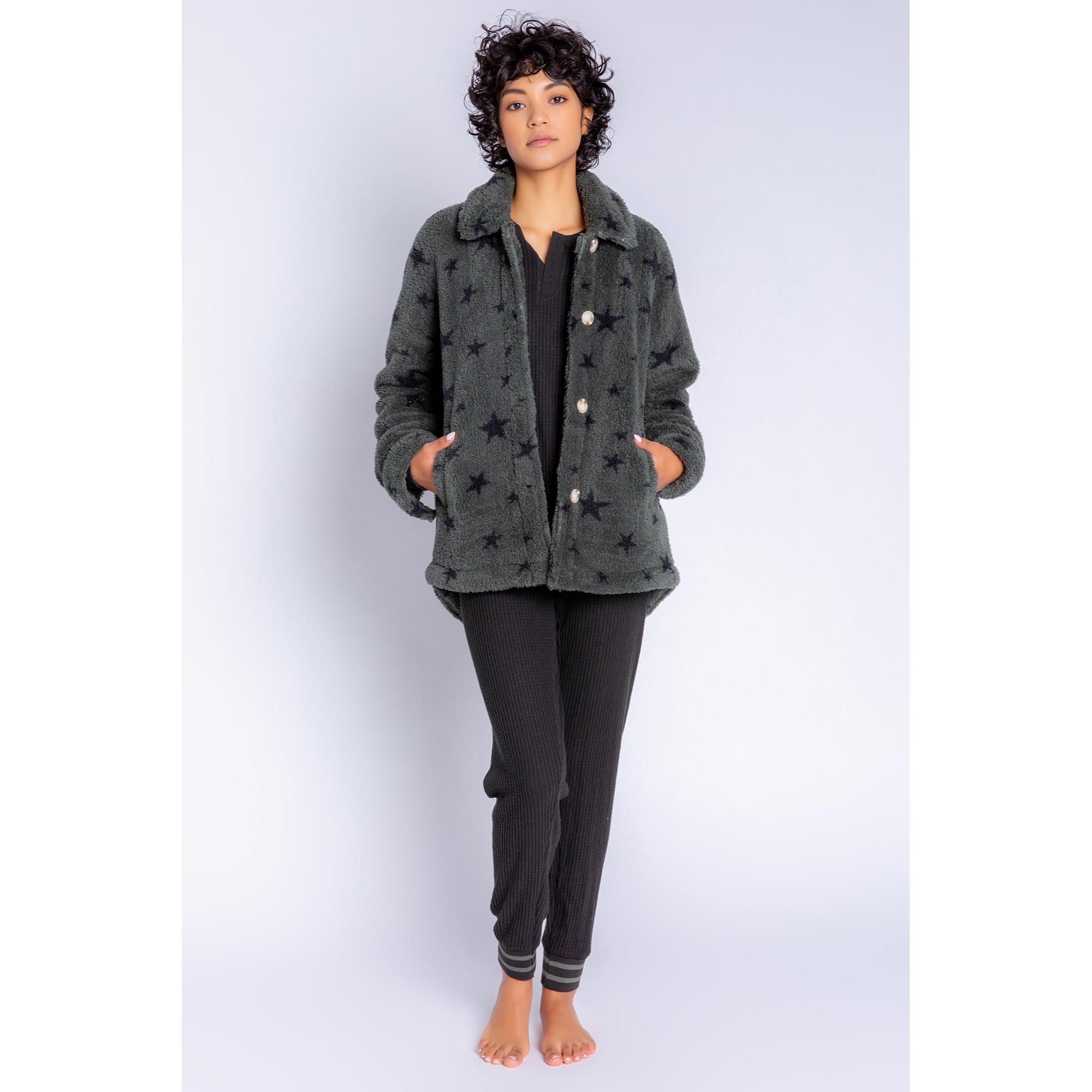 PJ Salvage Women's Cozy Items Stars Jacket - OLIVE