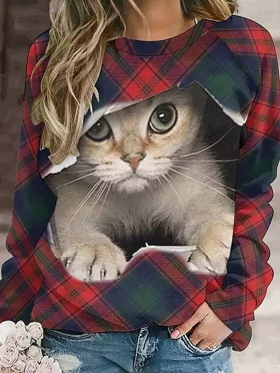 Plaid Cat Print Women's Sweatshirt Pullover in Black Wine Red