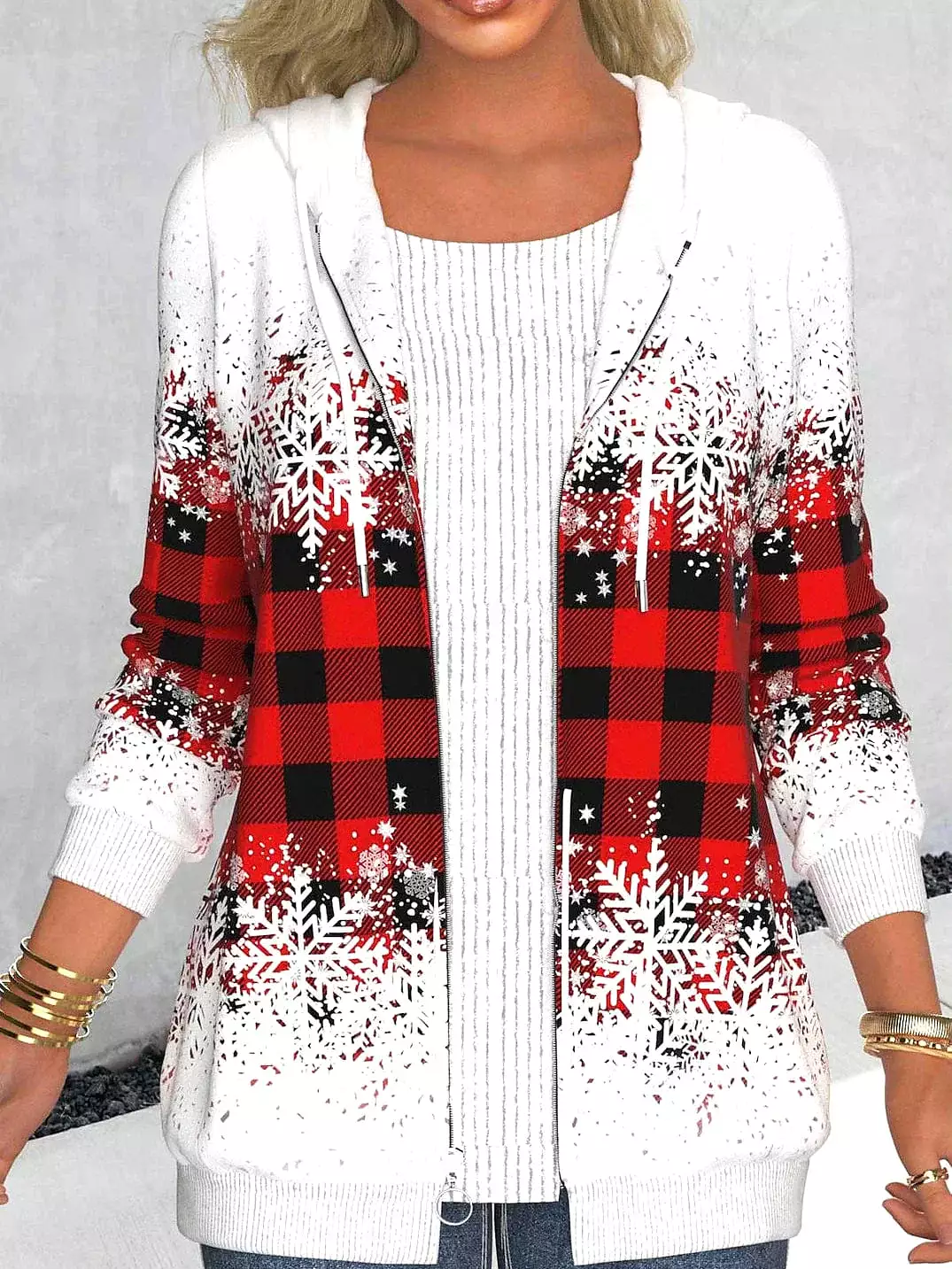 Plaid Snowflake Zip Up Sweatshirt with Drawstring Hoodie for Women