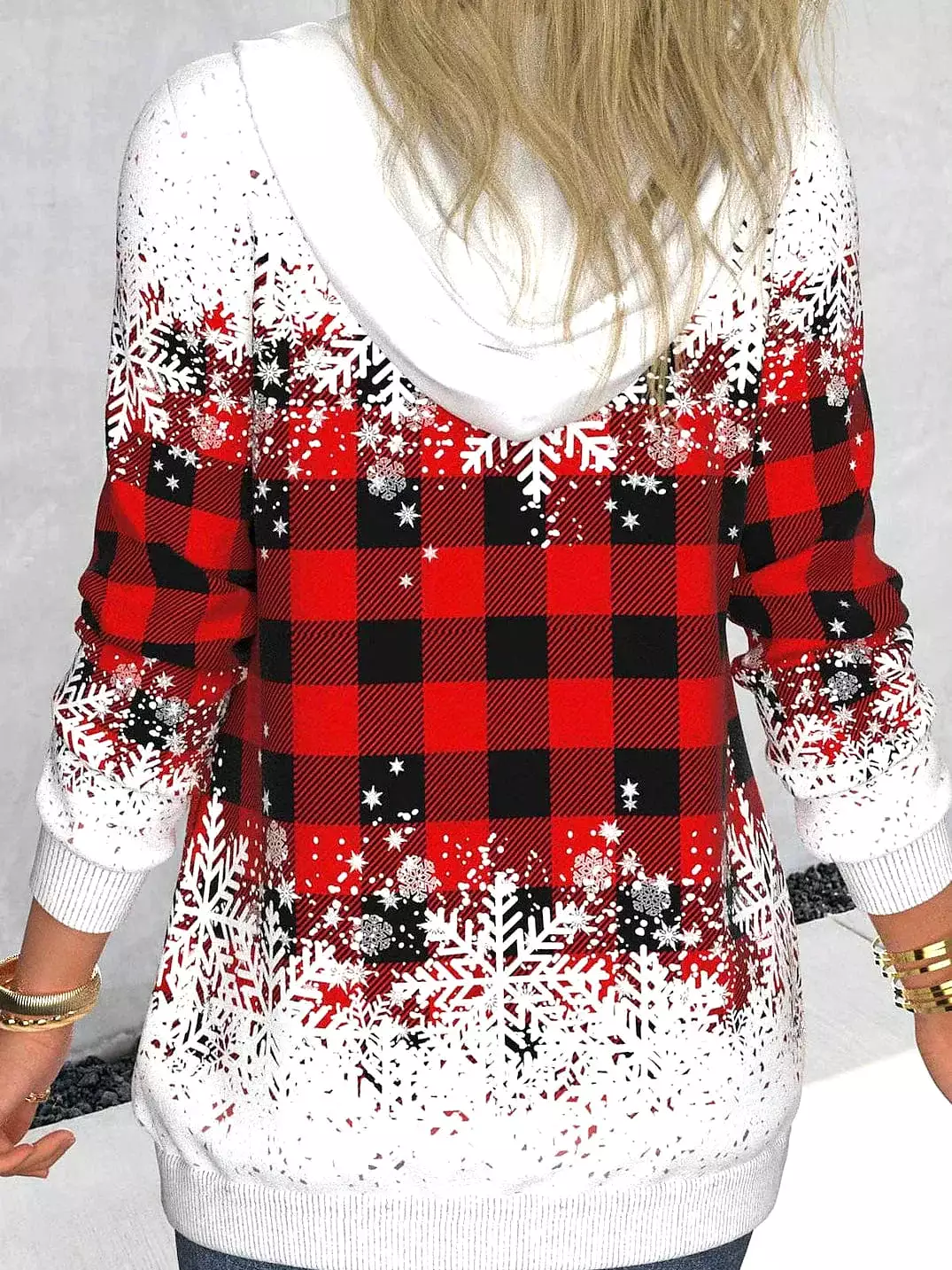 Plaid Snowflake Zip Up Sweatshirt with Drawstring Hoodie for Women