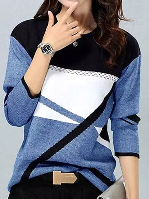 Plus Size Color Block Long Sleeve T-shirt for Women