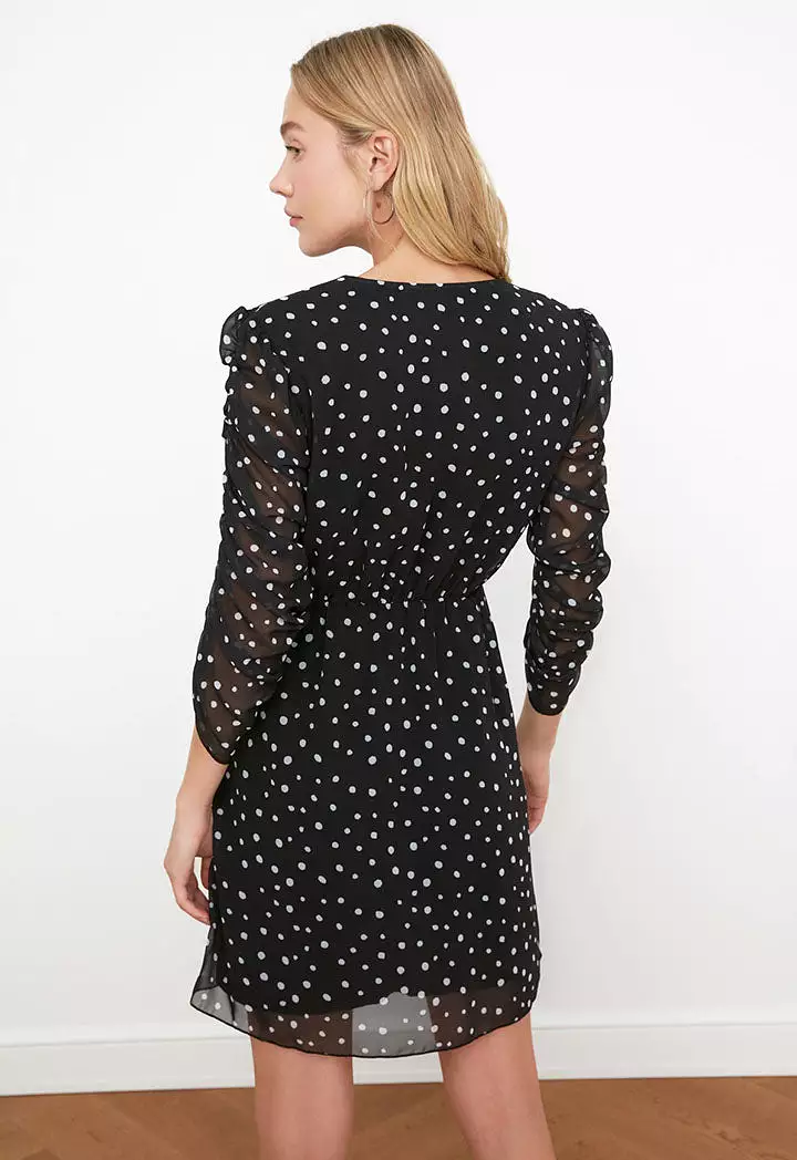 Runched Sleeve Polk Dot Dress