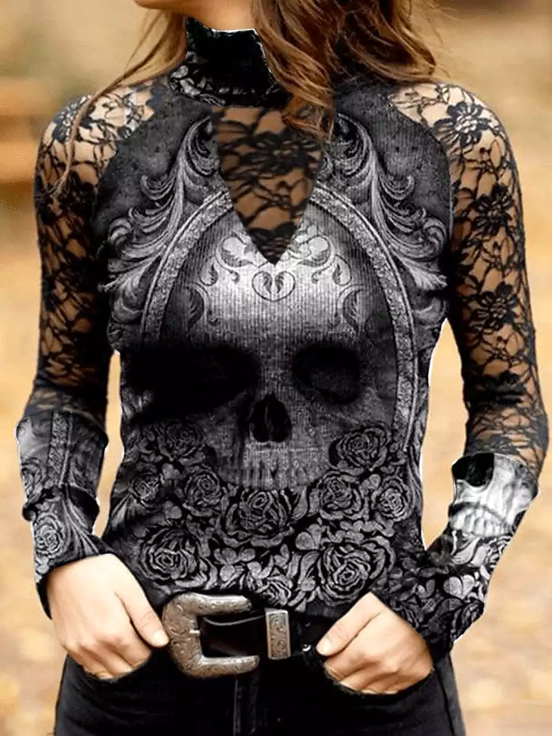 Skull Lace Print Long Sleeve Women's T-shirt