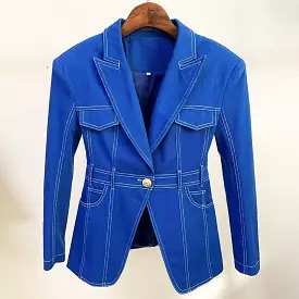 Stitched Denim Blazer Women - Casual - Plain-Solid