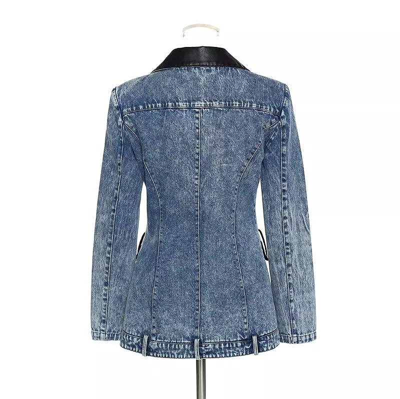 Streetwear Leather Collar Denim Blazer Women - Casual - Plain-Solid