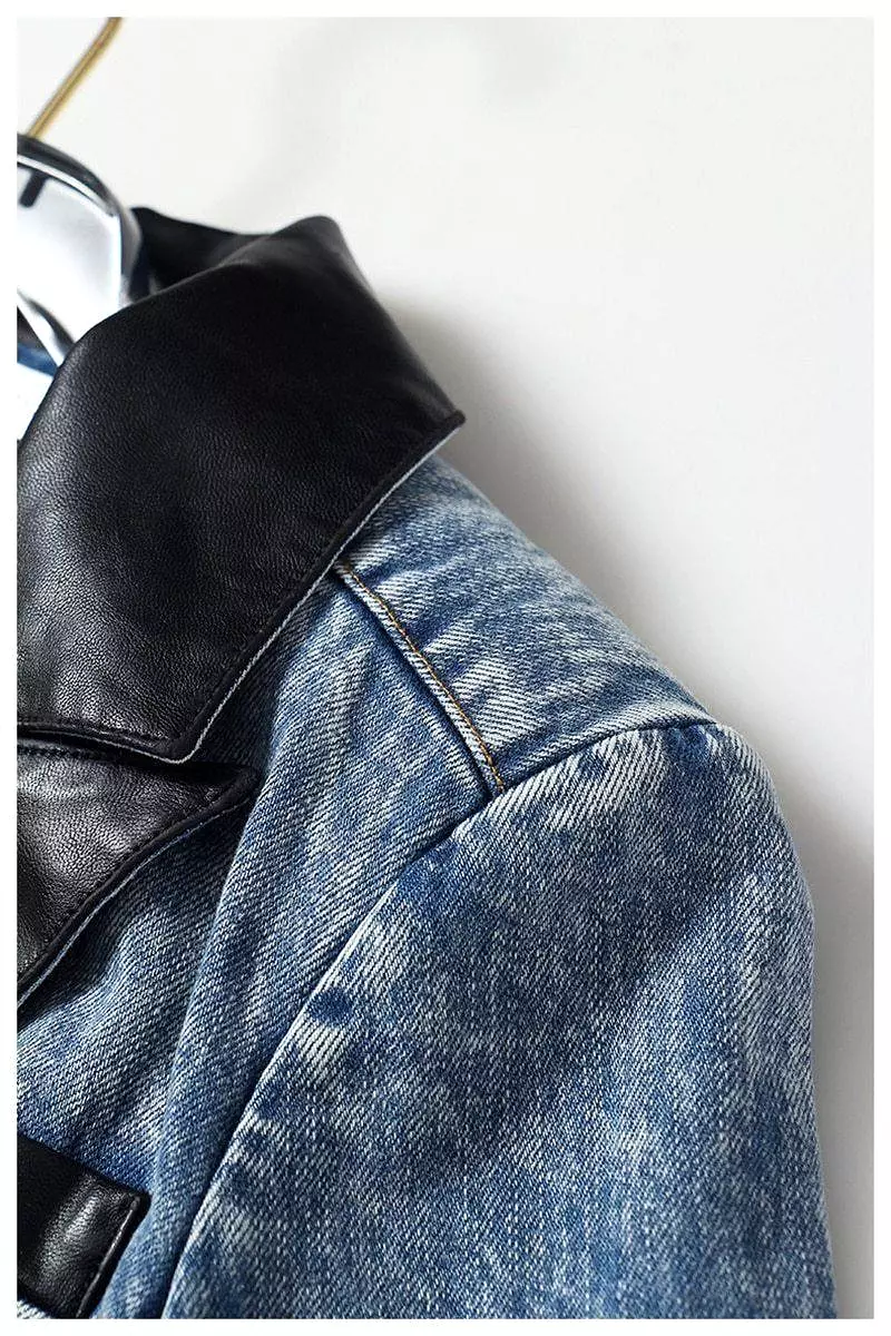 Streetwear Leather Collar Denim Blazer Women - Casual - Plain-Solid