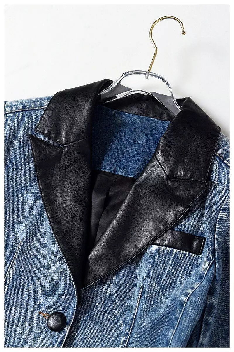 Streetwear Leather Collar Denim Blazer Women - Casual - Plain-Solid