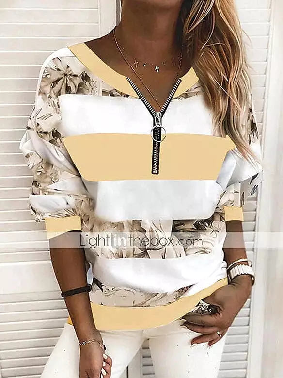 Striped Color Block V-Neck Long Sleeve Women's Blouse