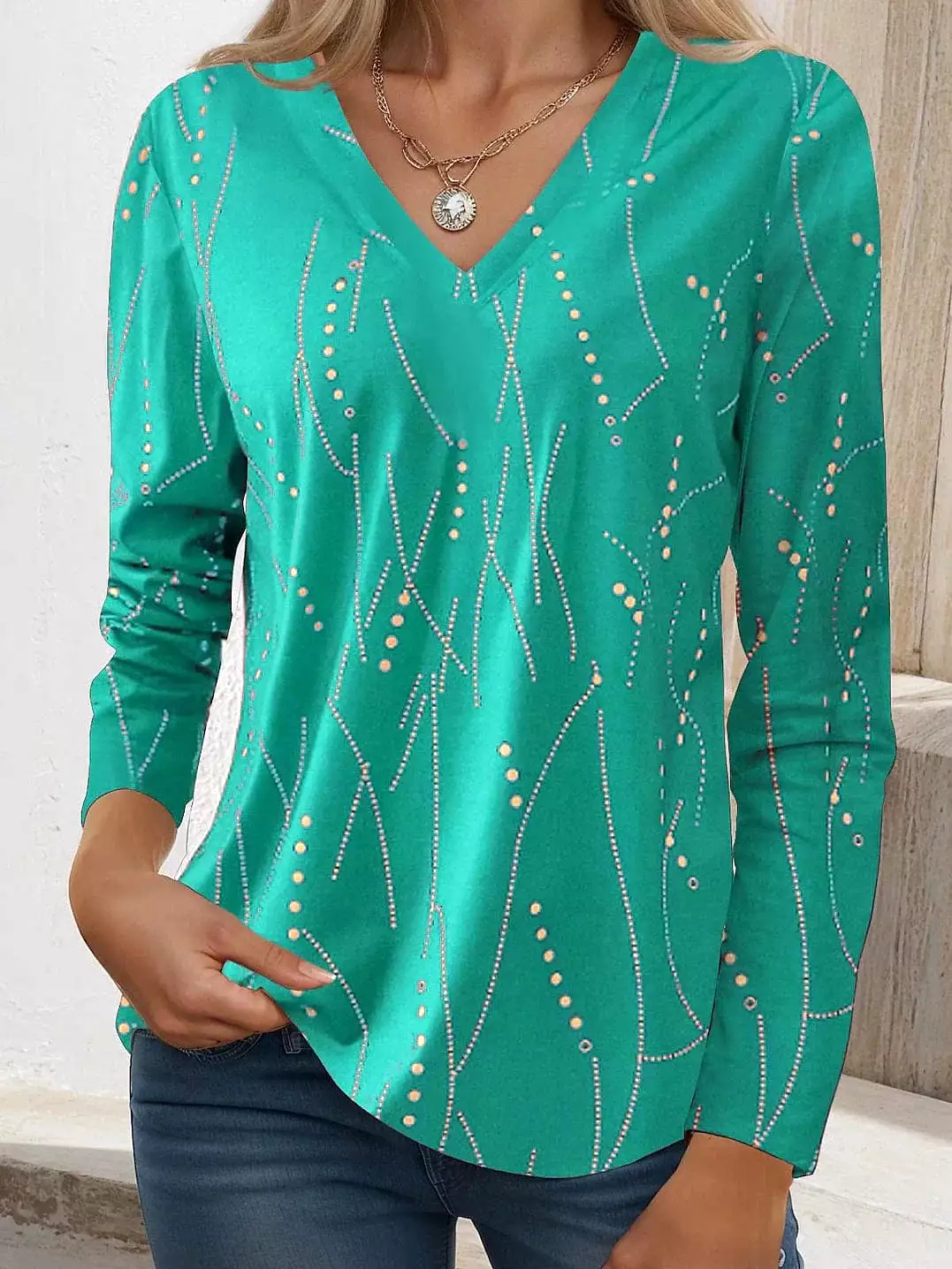 Striped Print Long Sleeve V-Neck T-Shirt for Women