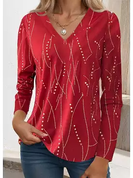 Striped Print Long Sleeve V-Neck T-Shirt for Women