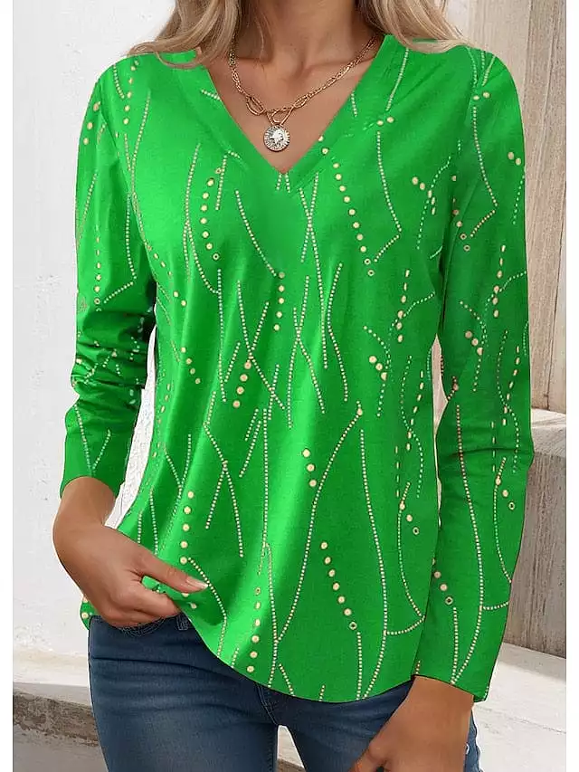 Striped Print Long Sleeve V-Neck T-Shirt for Women