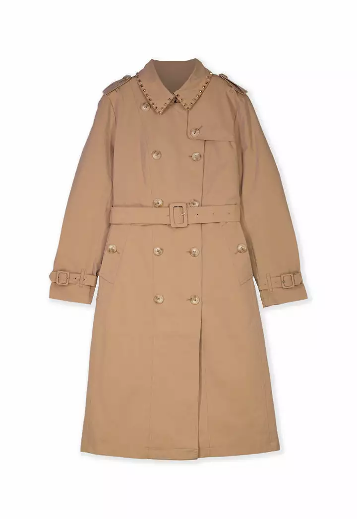 Studded Collar Gabardine Trench Coat