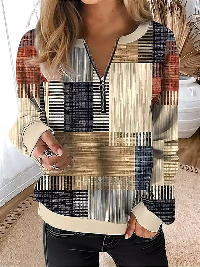 Stylish Plaid Quarter Zip Women's Sweatshirt for Fall & Winter