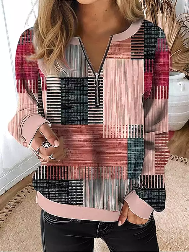 Stylish Plaid Quarter Zip Women's Sweatshirt for Fall & Winter