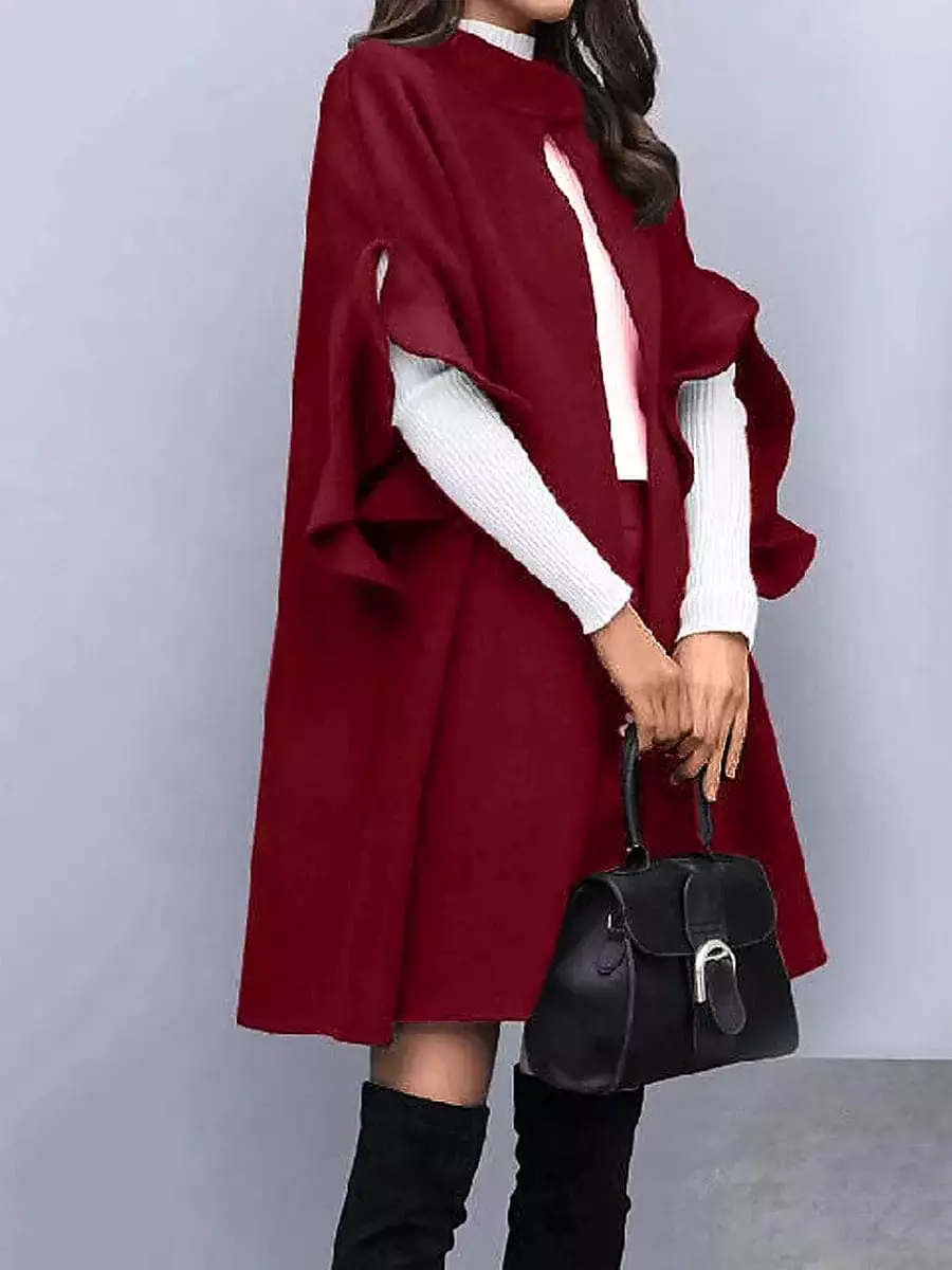 Stylish Women's Black and Red Winter Pea Coat with Ruffle Detail