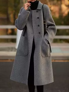 Stylish Women's Long Wool Blend Winter Pea Coat with Pockets