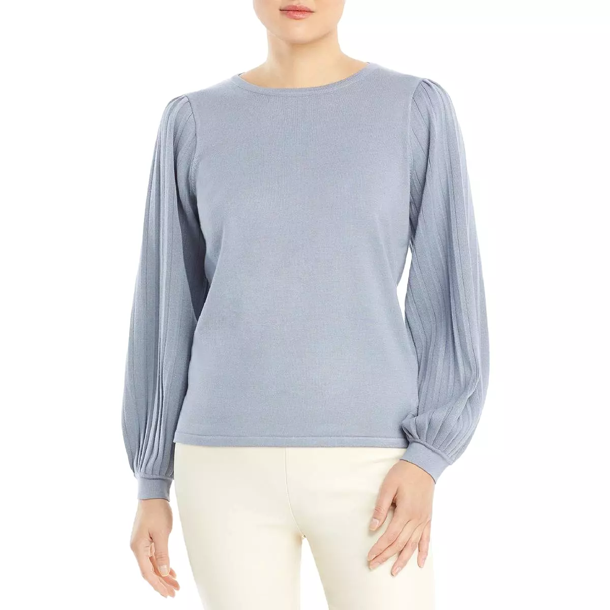 T Tahari Womens Pleated Sleeve Crewneck Pullover Sweater