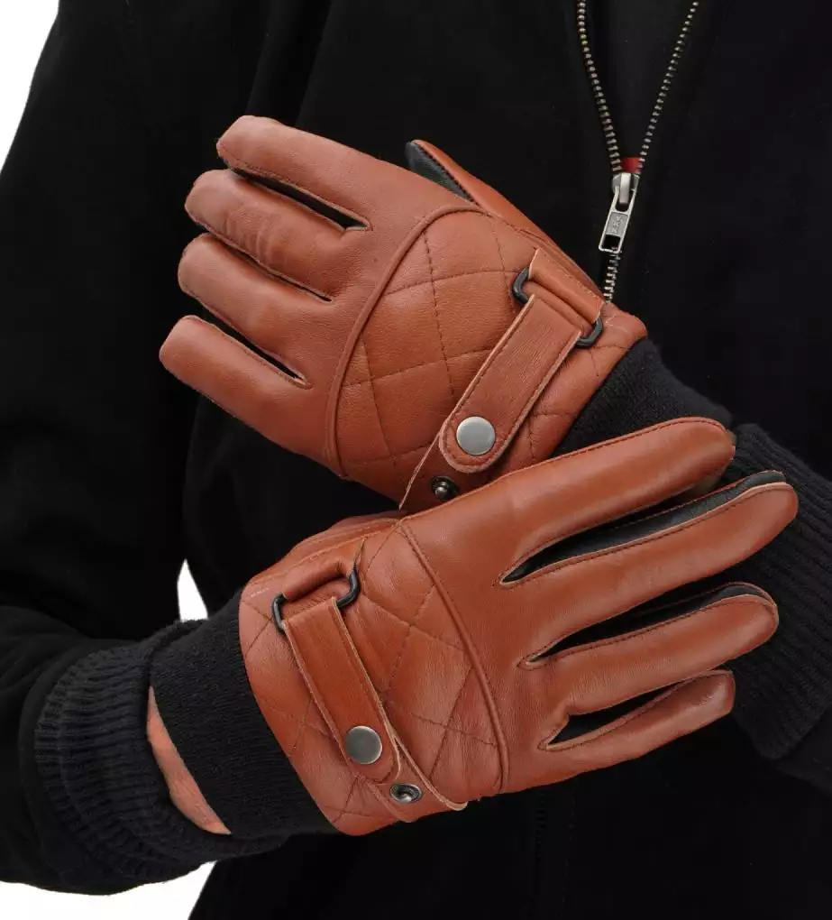 Tan Mens Quilted Leather Gloves