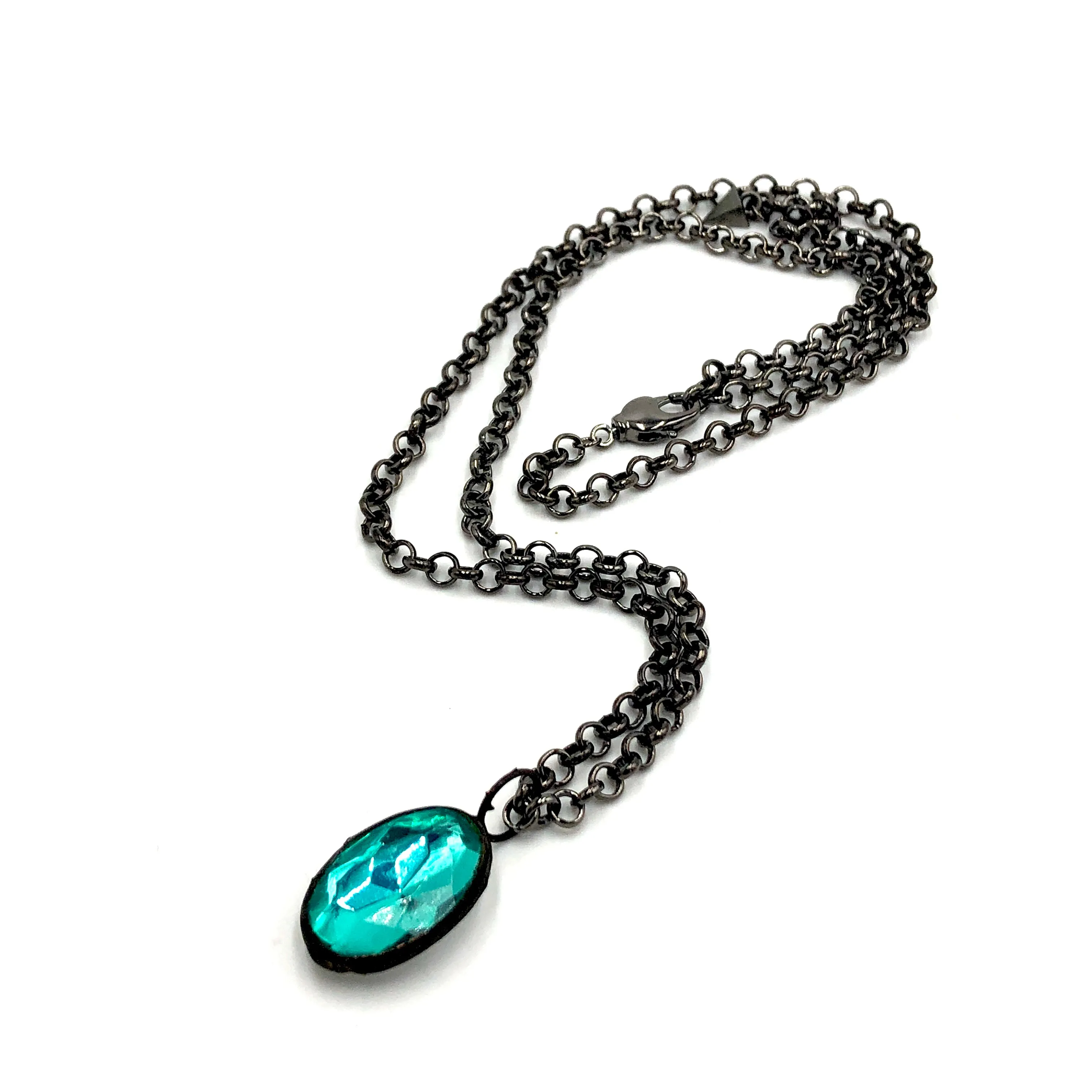 Teal Bling Oval Gun Metal Layering Necklace