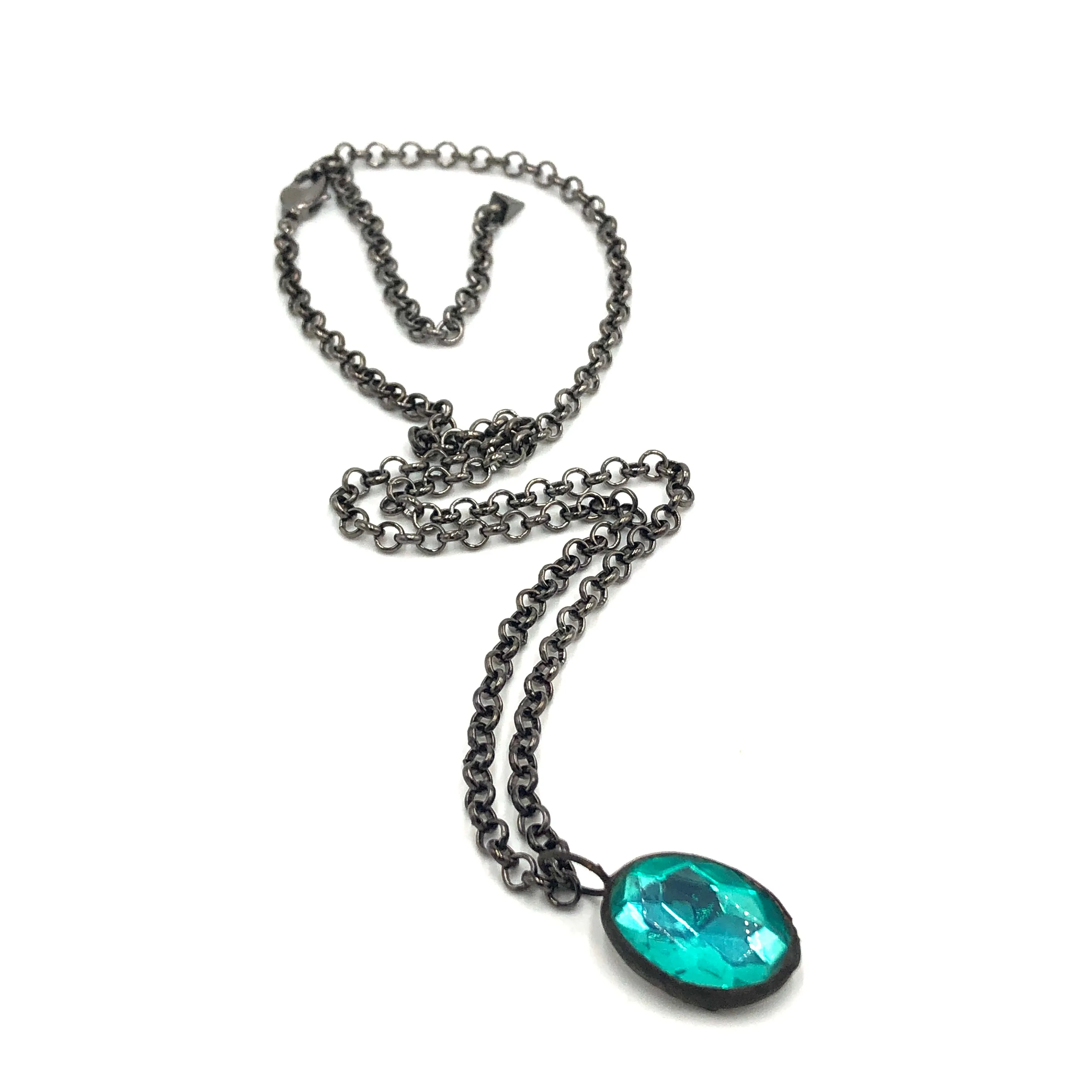 Teal Bling Oval Gun Metal Layering Necklace